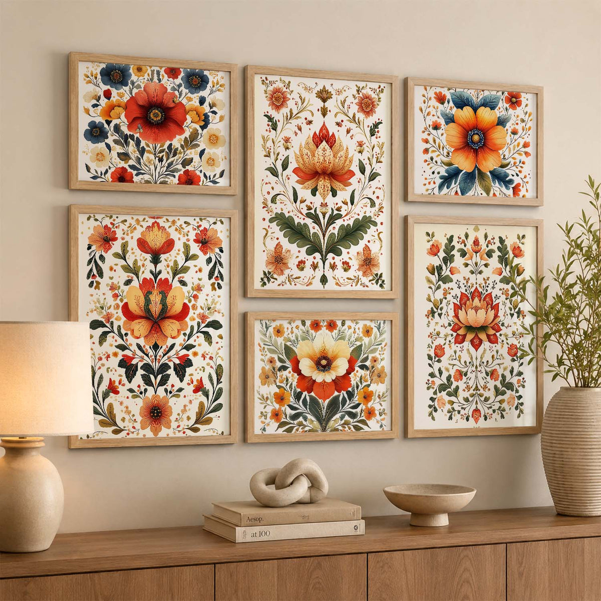 Floral  Art Prints with Frame for Living Room Bedroom Home and Office Wall Decor Set of 6