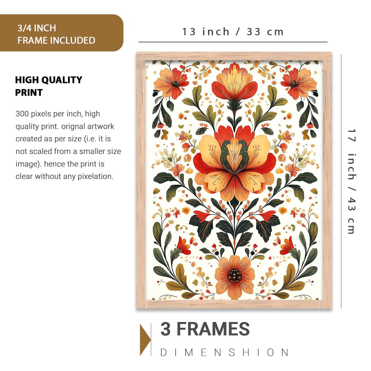 Floral  Art Prints with Frame for Living Room Bedroom Home and Office Wall Decor Set of 6