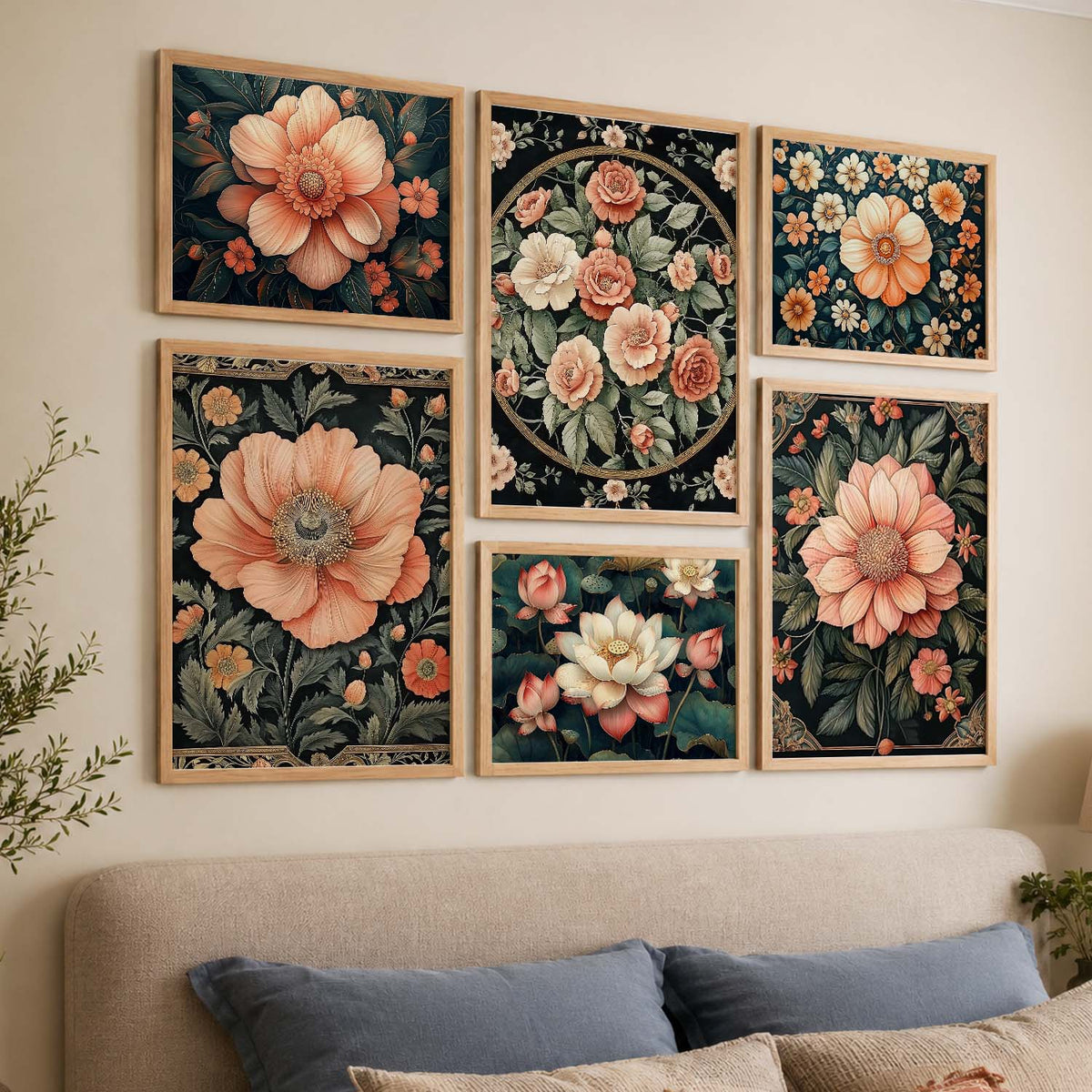 Floral Art Prints with Frame for Living Room Bedroom Home and Office Wall Decor Set of 6
