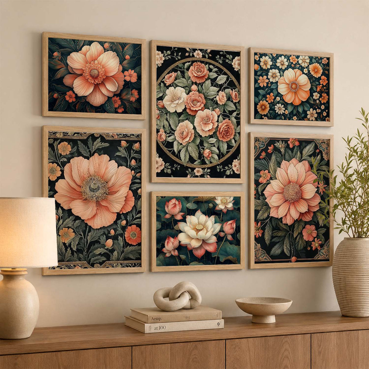 Floral Art Prints with Frame for Living Room Bedroom Home and Office Wall Decor Set of 6