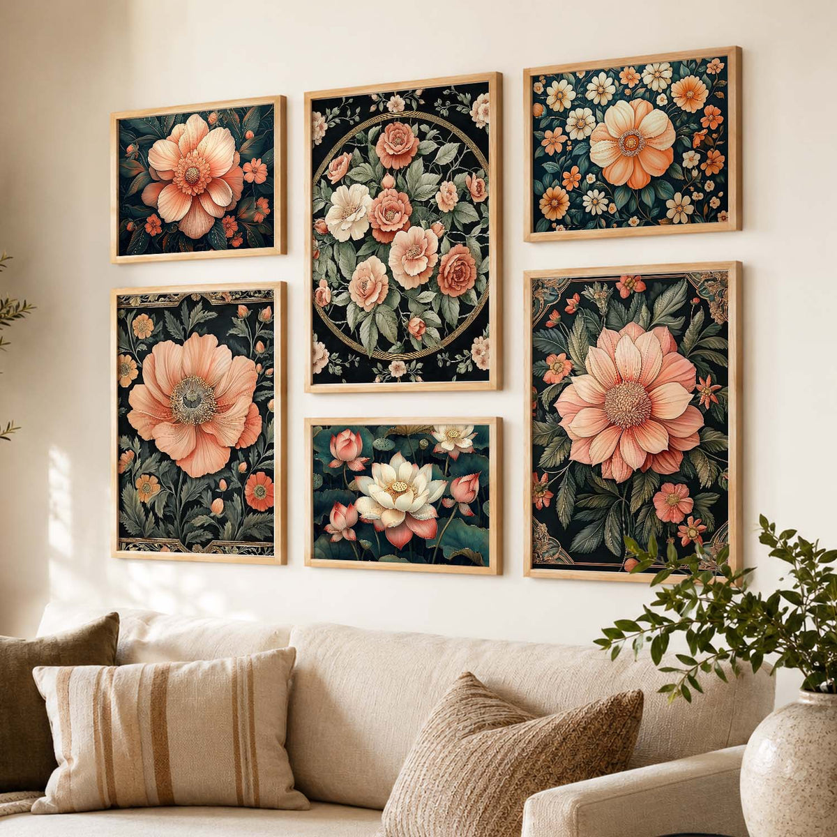 Floral Art Prints with Frame for Living Room Bedroom Home and Office Wall Decor Set of 6