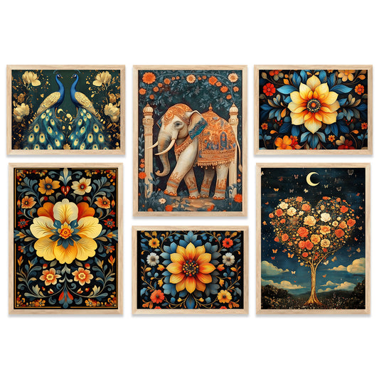 Madhubani Art Prints with Frame for Living Room Bedroom Home and Office Wall Decor Set of 6