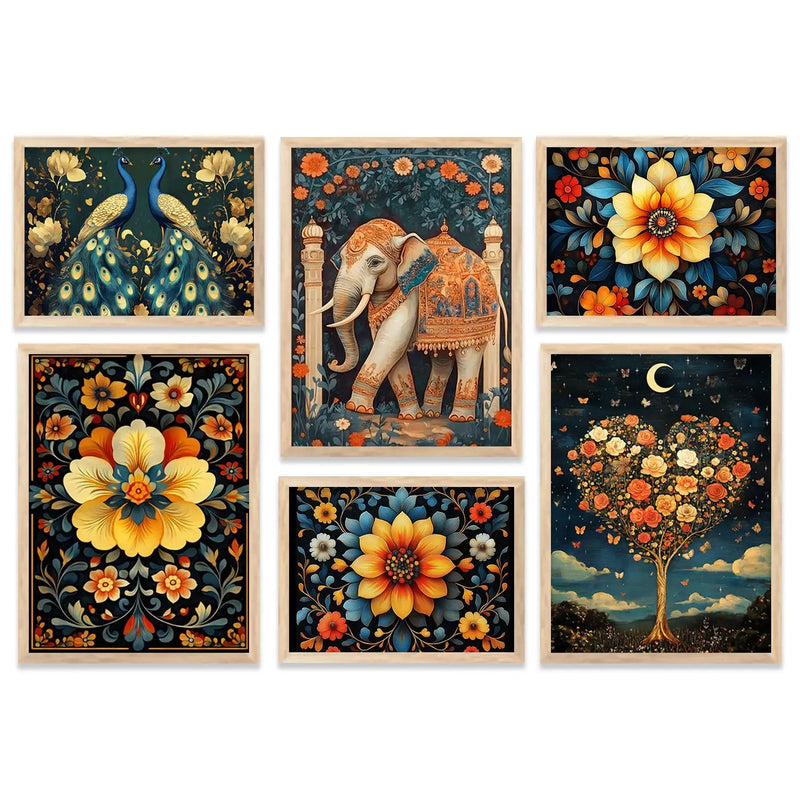 Madhubani Art Prints with Frame for Living Room Bedroom Home and Office Wall Decor Set of 6