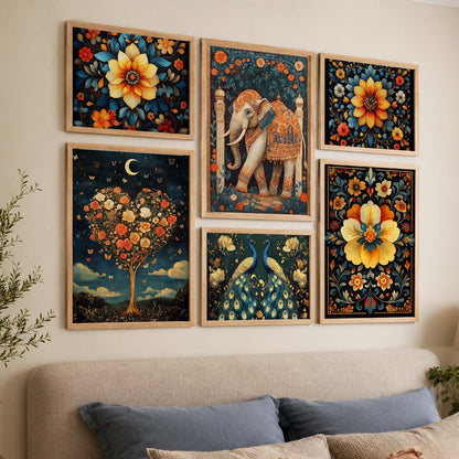Madhubani Art Prints with Frame for Living Room Bedroom Home and Office Wall Decor Set of 6