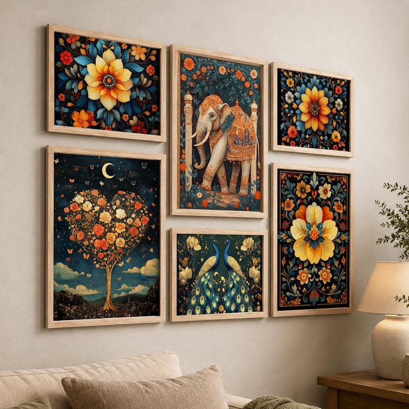 Madhubani Art Prints with Frame for Living Room Bedroom Home and Office Wall Decor Set of 6