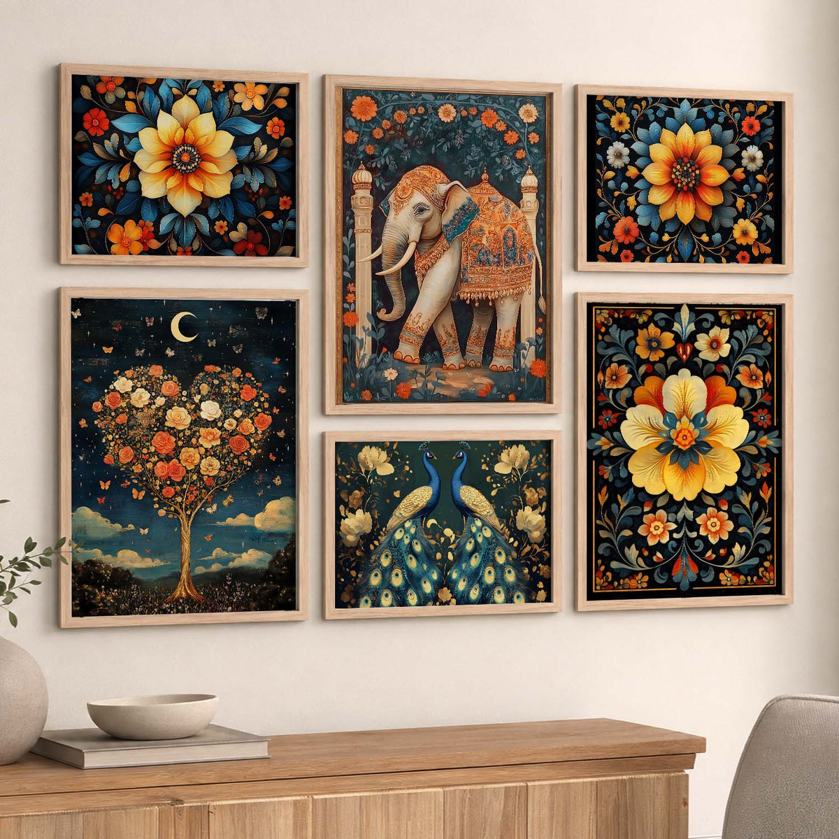 Madhubani Art Prints with Frame for Living Room Bedroom Home and Office Wall Decor Set of 6