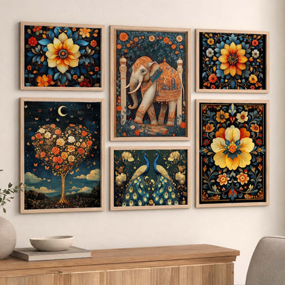 Madhubani Art Prints with Frame for Living Room Bedroom Home and Office Wall Decor Set of 6
