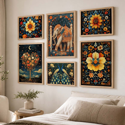 Madhubani Art Prints with Frame for Living Room Bedroom Home and Office Wall Decor Set of 6