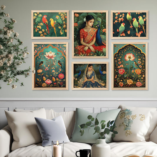 Madhubani  Art Prints with Frame for Living Room Bedroom Home and Office Wall Decor Set of 6