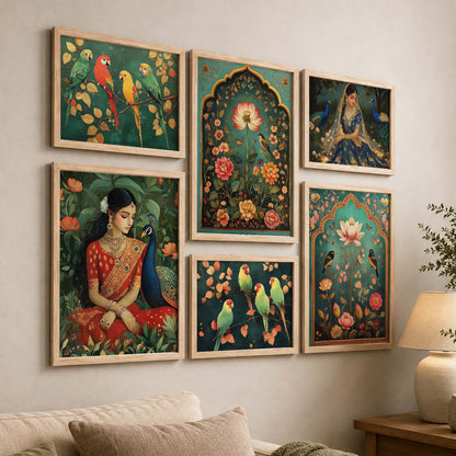 Madhubani  Art Prints with Frame for Living Room Bedroom Home and Office Wall Decor Set of 6