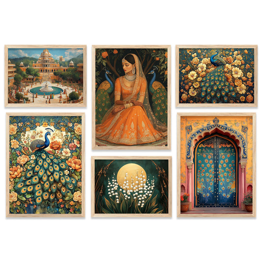 Madhubani  Art Prints with Frame for Living Room Bedroom Home and Office Wall Decor Set of 6