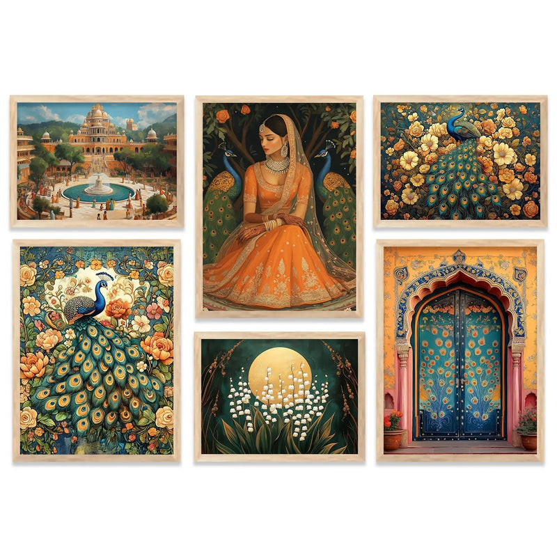 Madhubani  Art Prints with Frame for Living Room Bedroom Home and Office Wall Decor Set of 6
