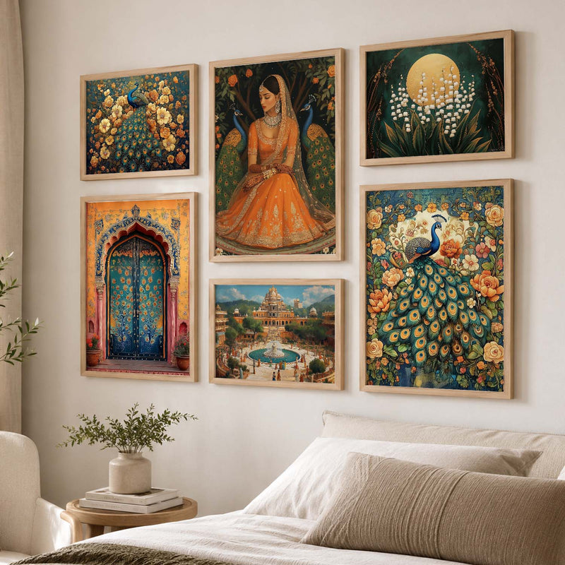 Madhubani  Art Prints with Frame for Living Room Bedroom Home and Office Wall Decor Set of 6