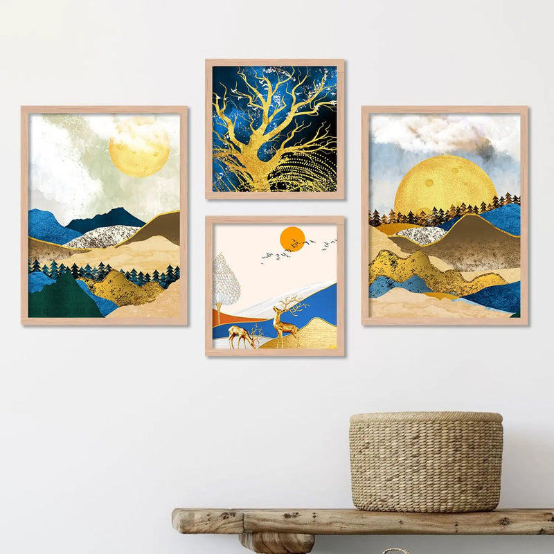 Nature Inspired Luxury Golden Modern Art Framed Print Combo for Gallery Wall by Kotart store