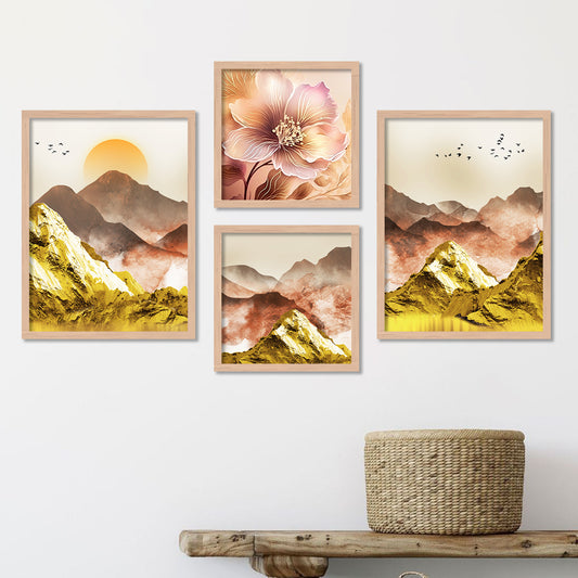 Golden Mountains Modern Art Framed Painting Combo for Home Living Room Office Wall Decor-Kotart