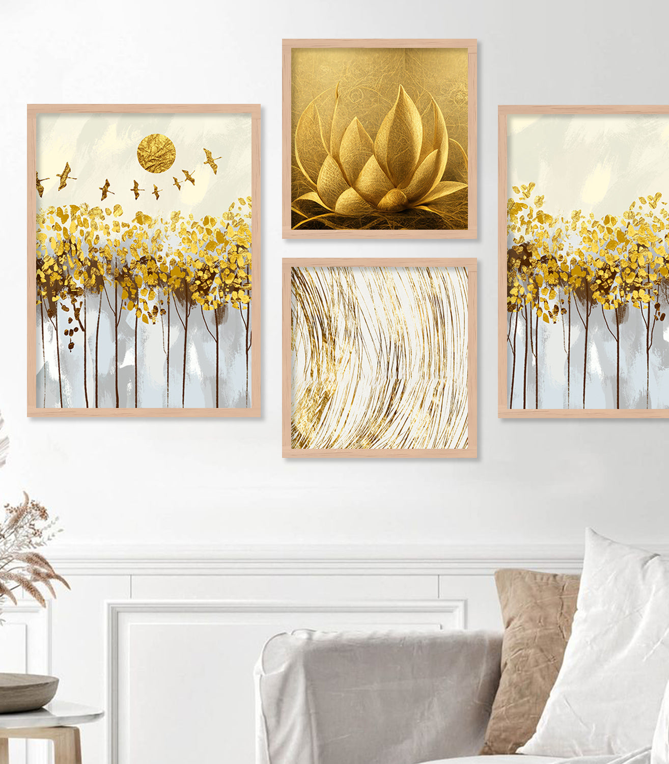 Golden Abstract / Modern Art Framed Painting Combo for Home Living Room Office Wall Decor-Kotart