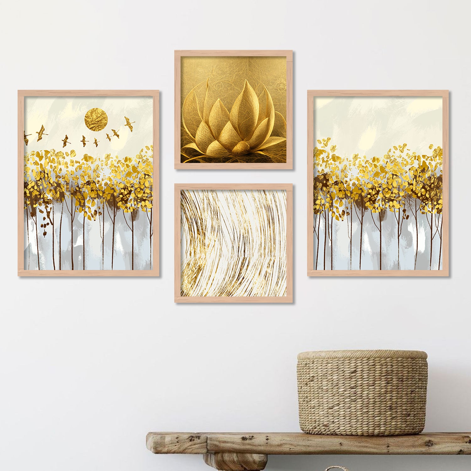 Golden Abstract / Modern Art Framed Painting Combo for Home Living Room Office Wall Decor-Kotart