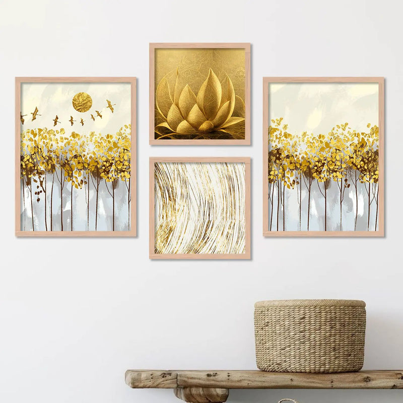 Golden Abstract / Modern Art Framed Print Combo for Home Living Room Office Wall Decor by Kotart store