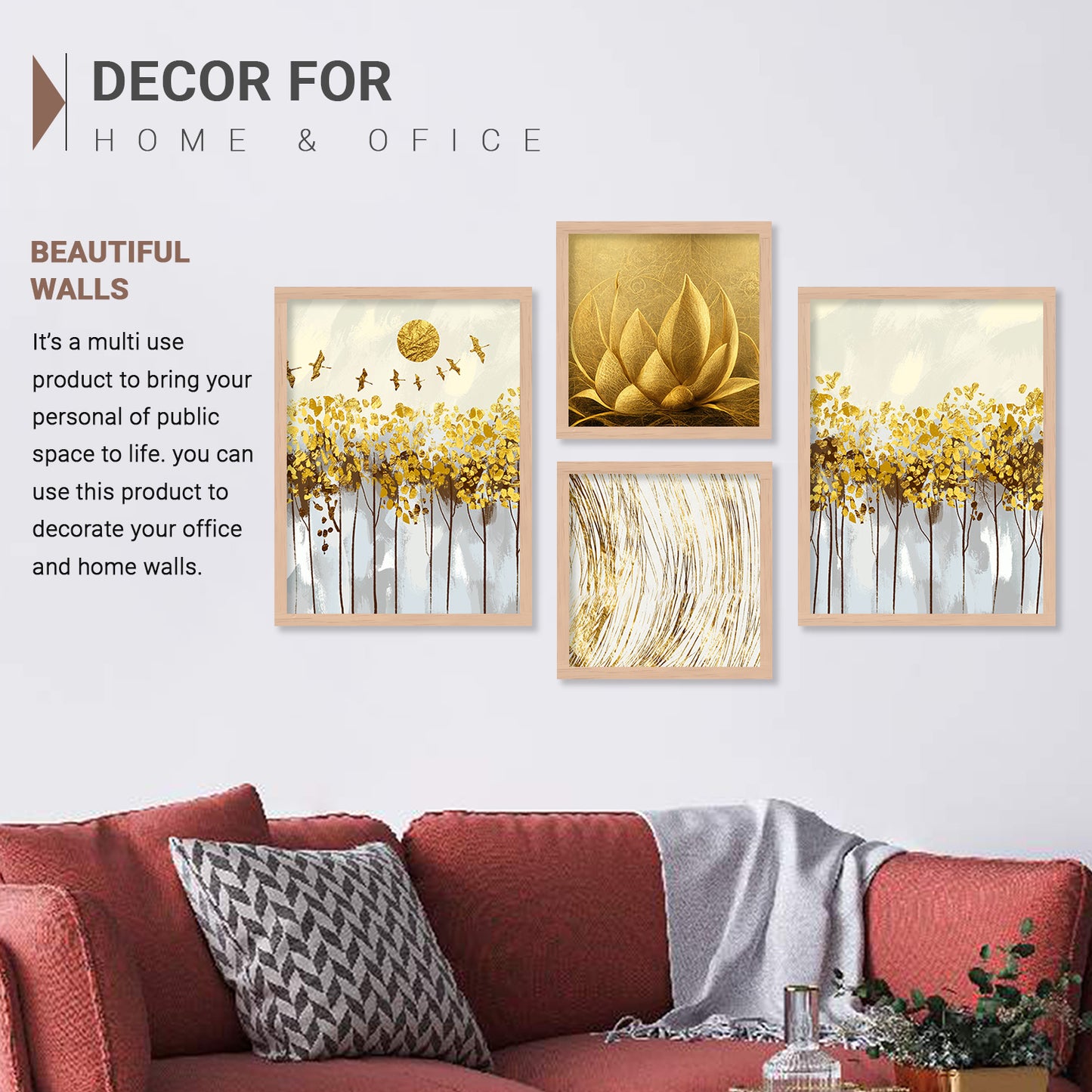 Golden Abstract / Modern Art Framed Painting Combo for Home Living Room Office Wall Decor-Kotart