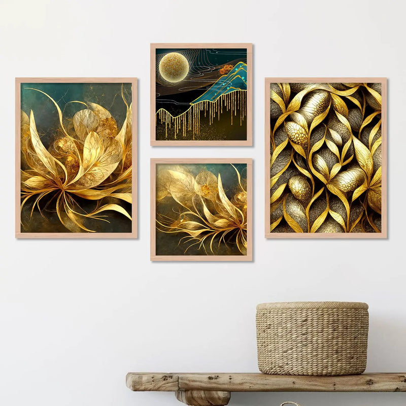 Green and Golden Abstract / Modern Art Framed Painting Combo for Home Living Room Office Wall Decor-Kotart