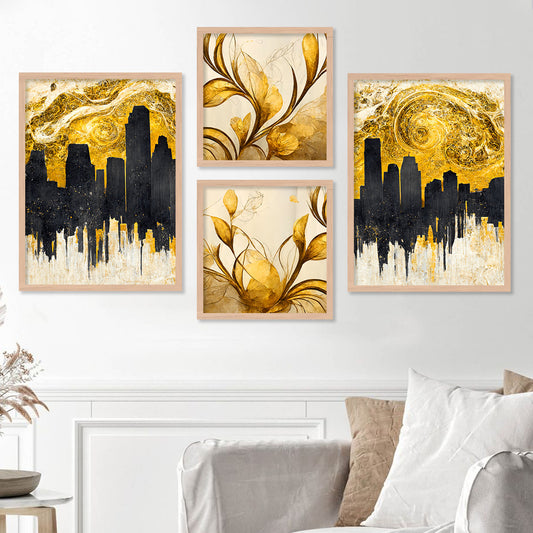 Black and Golden Abstract / Modern Art Framed Painting Combo for Home Living Room Office Wall Decor-Kotart
