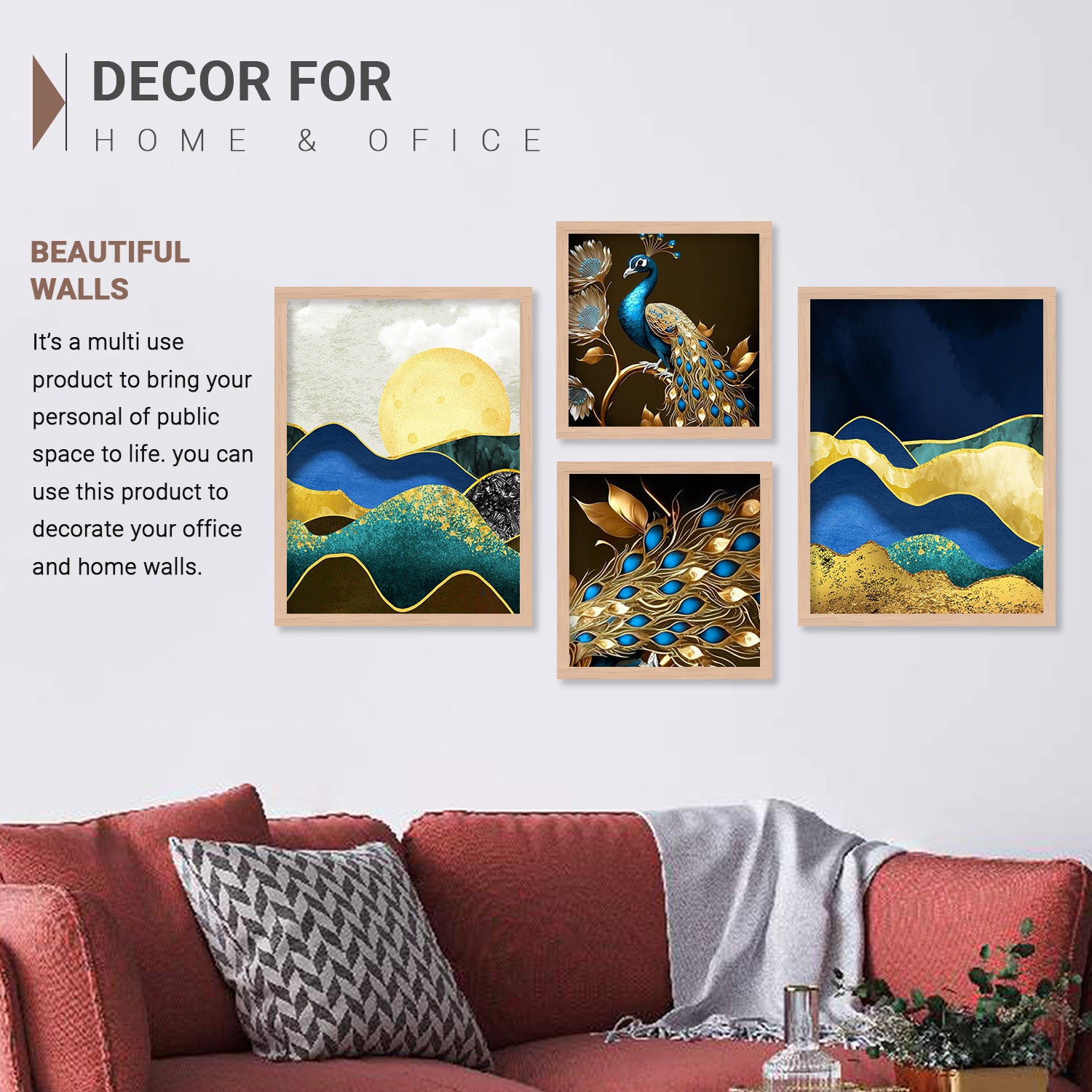 Modern Art Vibrant Peacock Framed Painting Combo for Home Living Room Office Wall Decor-Kotart