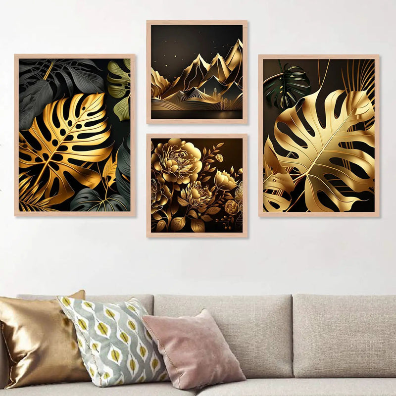 Black and Golden Tropical Leafs Printed Premium Digital Paintings with Frame for Home Decoration-Kotart