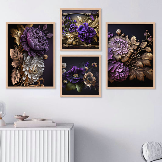 Violet Floral Printed Premium Digital Paintings with Frame for Home Decoration-Kotart