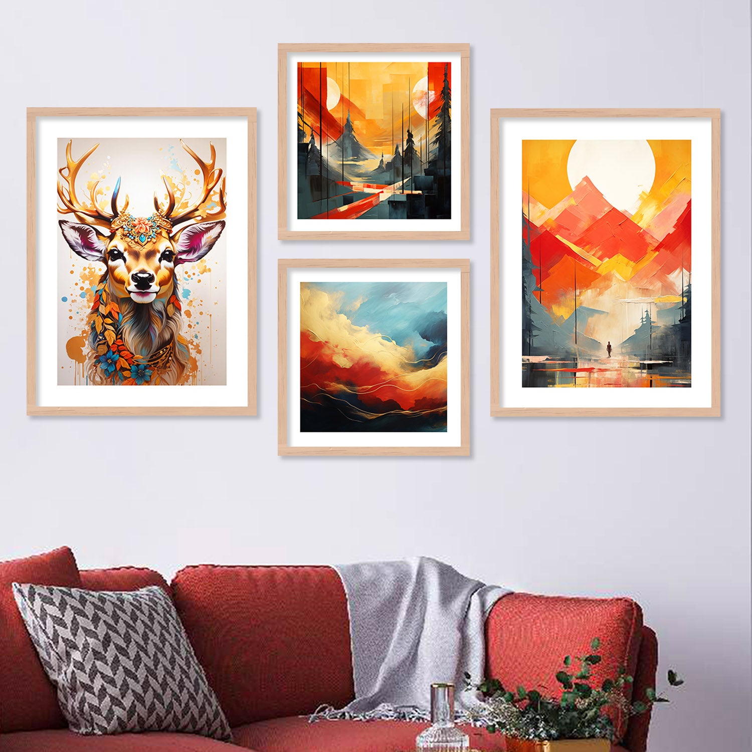 Vibrant Deer and Nature-Inspired Modern Art Painting Combo-Kotart