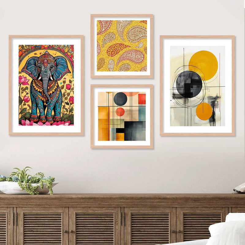 Harmony of Tradition and Modernity: Elephant and Modern Art Framed Painting Combo-Kotart