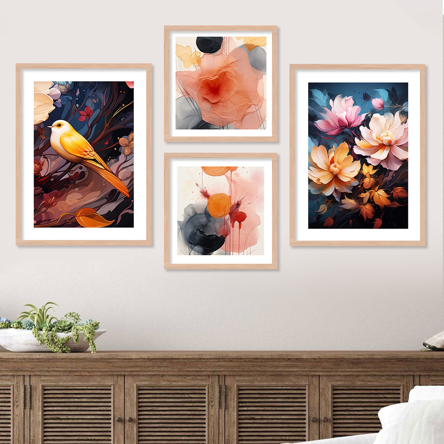 Nature-Inspired Bird and Flowers Painting for Your Gallery Wall-Kotart