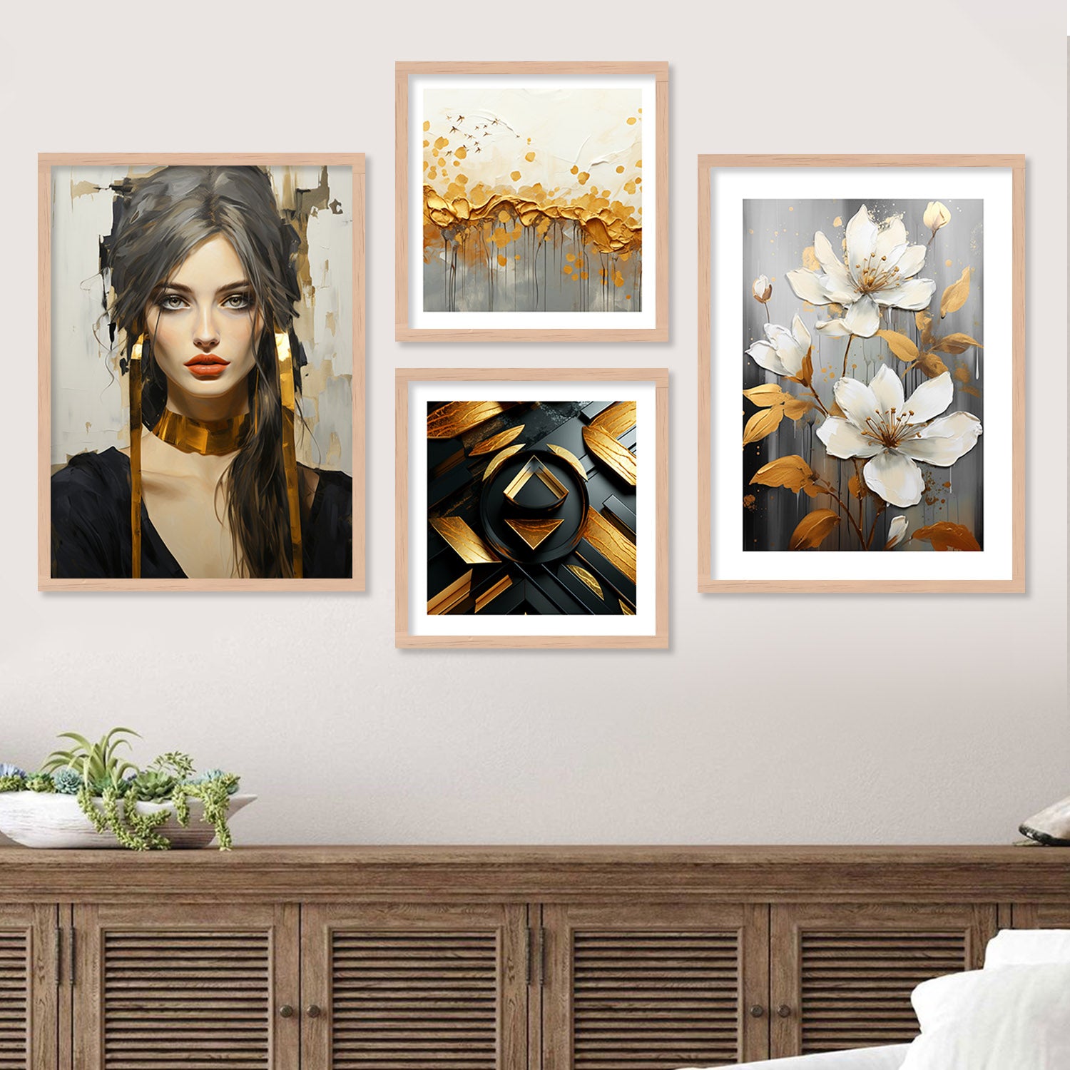 Modern Art Black and Golden Fashion Woman Painting with Frame Combo ...