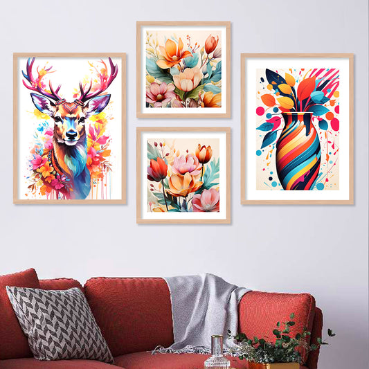 Vibrant Deer and Nature-Inspired Painting with Frame-Kotart