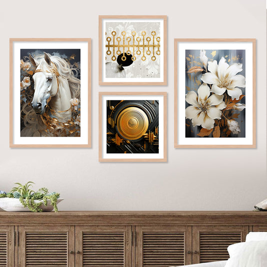 Elegant Equine and Modern Art Fusion: Black and Golden Horse Framed Painting Combo for Gallery Wall-Kotart