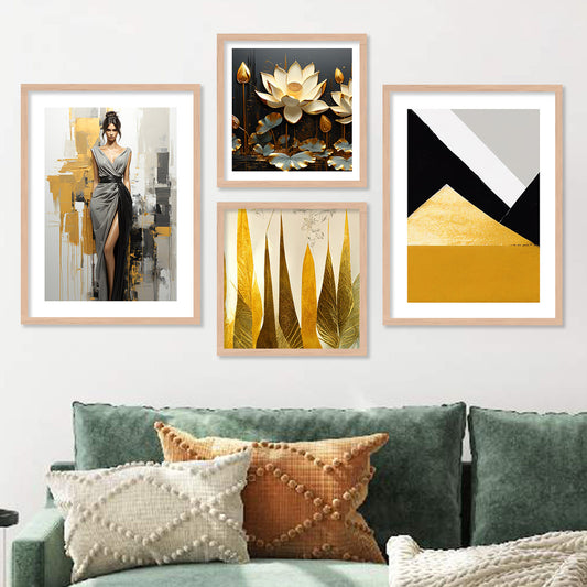 Black and Golden Modern Art Framed Painting Combo for Gallery Wall-Kotart