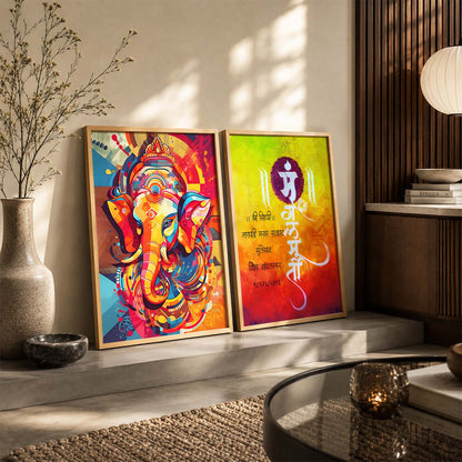 Vibrant Lord Ganesha & Om Mantra Art : Spiritual Hindu Artwork for Home Decor and Meditation Spaces