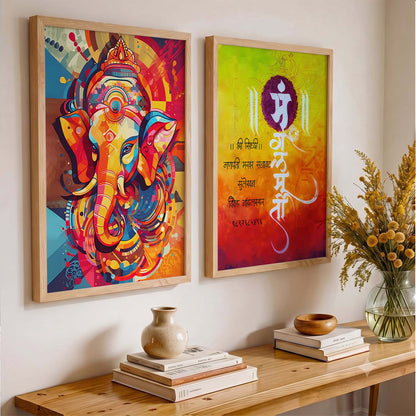 Vibrant Lord Ganesha & Om Mantra Art : Spiritual Hindu Artwork for Home Decor and Meditation Spaces