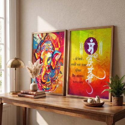 Vibrant Lord Ganesha & Om Mantra Art : Spiritual Hindu Artwork for Home Decor and Meditation Spaces