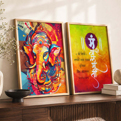 Vibrant Lord Ganesha & Om Mantra Art : Spiritual Hindu Artwork for Home Decor and Meditation Spaces