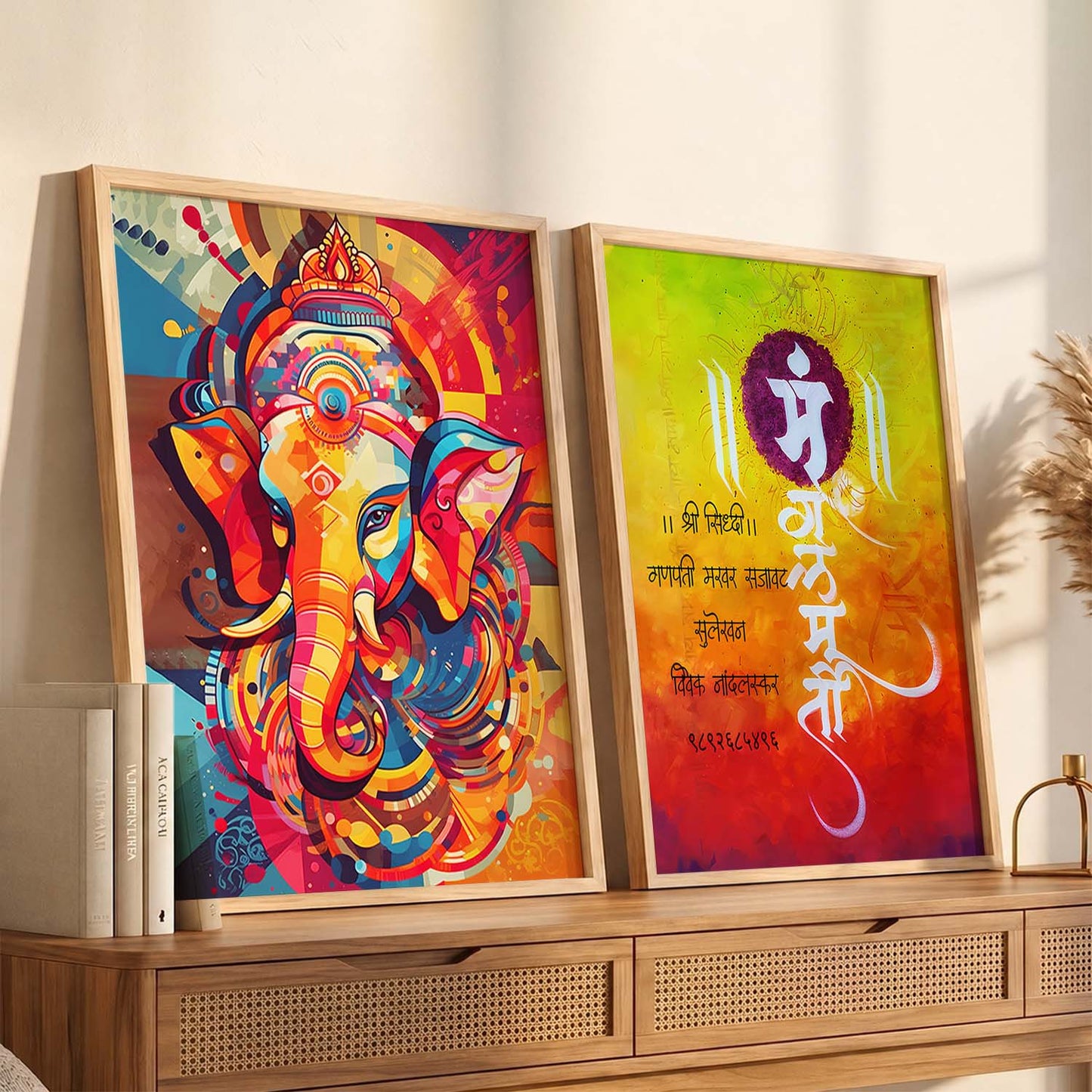 Vibrant Lord Ganesha & Om Mantra Art : Spiritual Hindu Artwork for Home Decor and Meditation Spaces