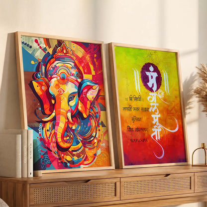 Vibrant Lord Ganesha & Om Mantra Art : Spiritual Hindu Artwork for Home Decor and Meditation Spaces