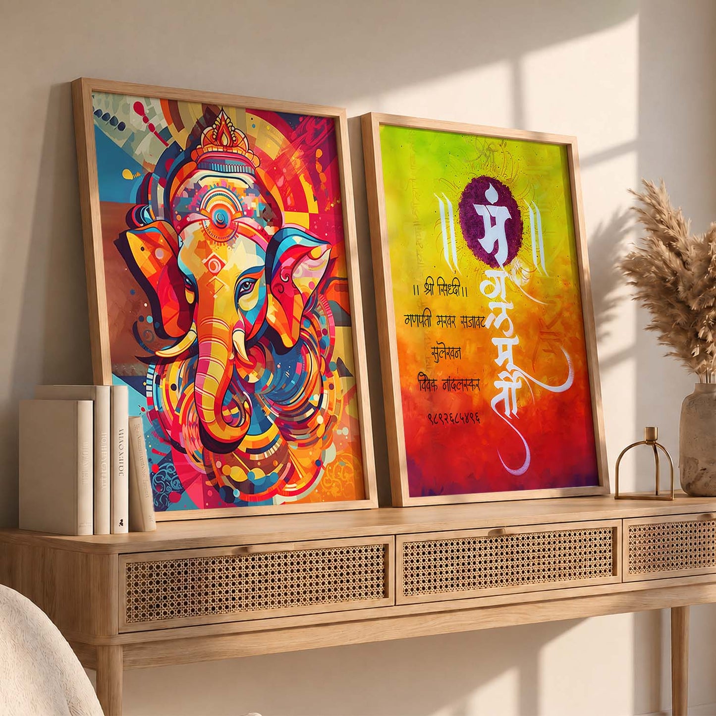 Vibrant Lord Ganesha & Om Mantra Art : Spiritual Hindu Artwork for Home Decor and Meditation Spaces
