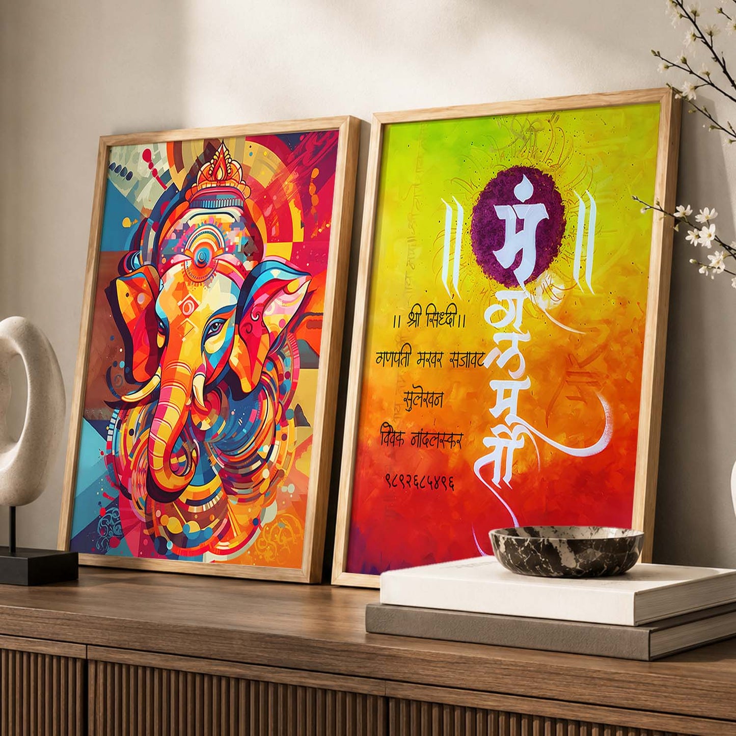 Vibrant Lord Ganesha & Om Mantra Art : Spiritual Hindu Artwork for Home Decor and Meditation Spaces