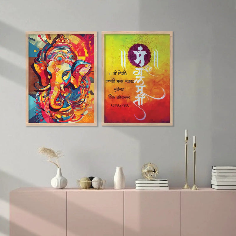 Vibrant Lord Ganesha & Om Mantra Art : Spiritual Hindu Artwork for Home Decor and Meditation Spaces
