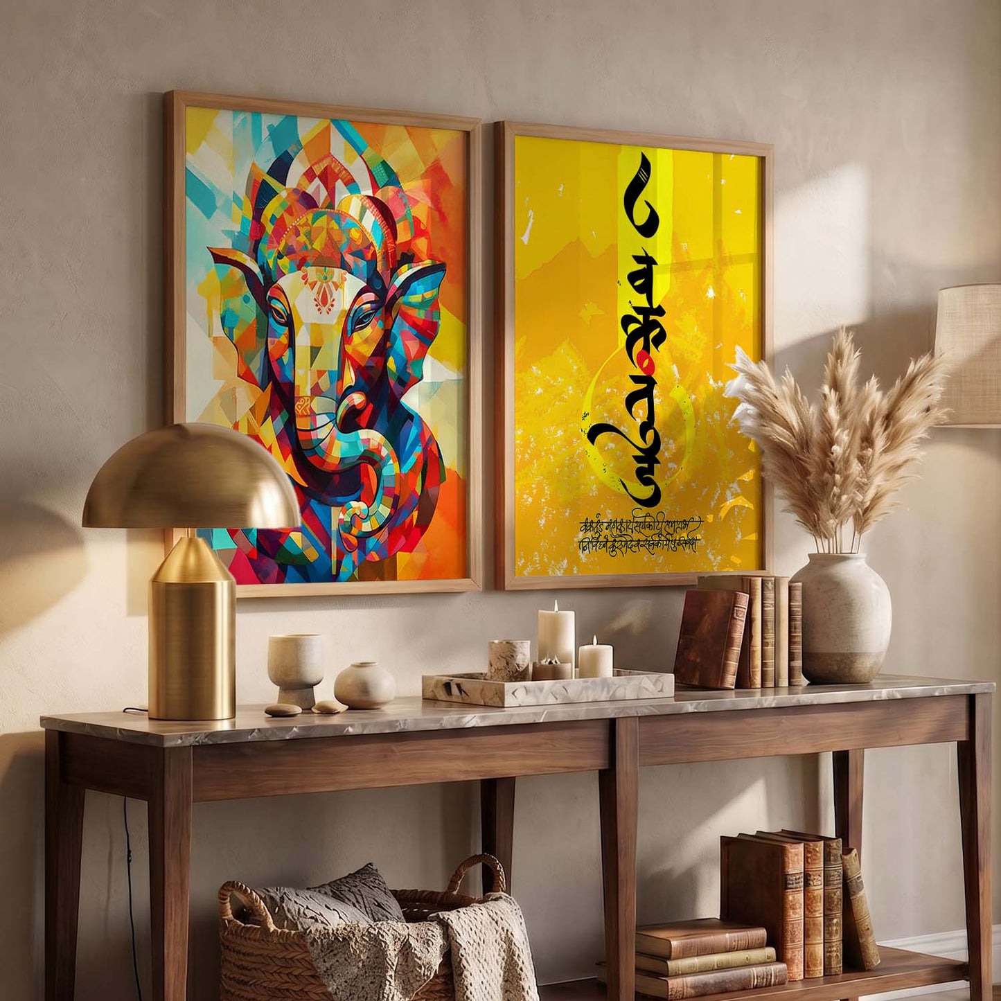 Vibrant Lord Ganesha & Om Mantra Art : Spiritual Hindu Artwork for Home Decor and Meditation Spaces