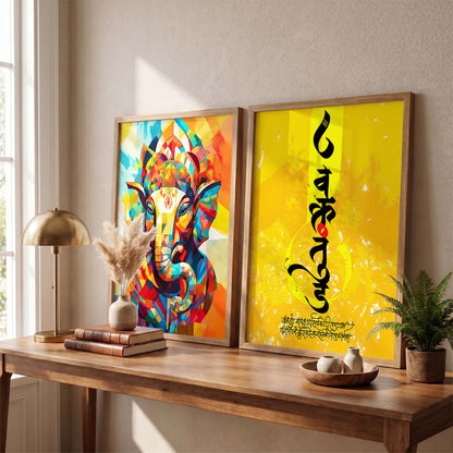Vibrant Lord Ganesha & Om Mantra Art : Spiritual Hindu Artwork for Home Decor and Meditation Spaces