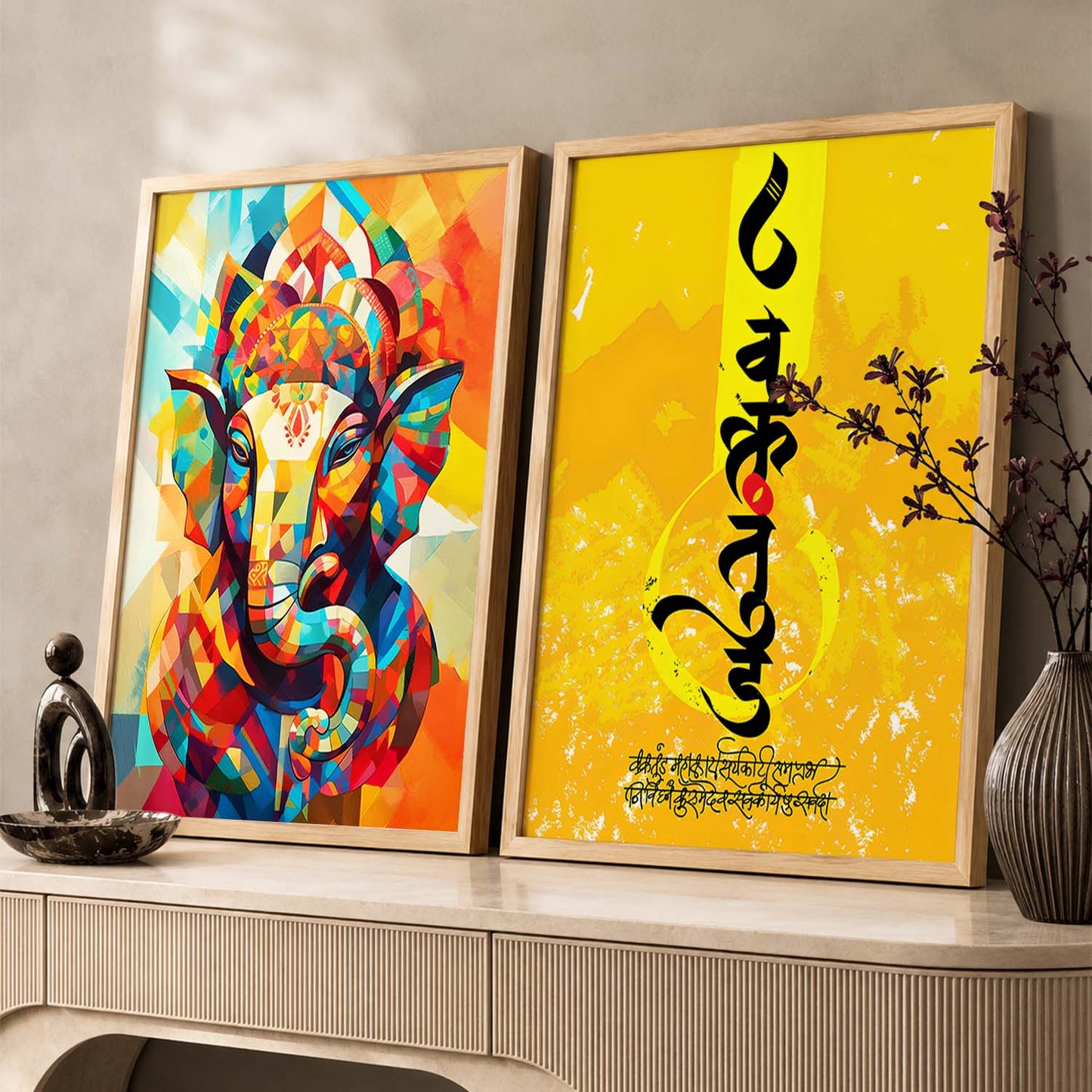Vibrant Lord Ganesha & Om Mantra Art : Spiritual Hindu Artwork for Home Decor and Meditation Spaces