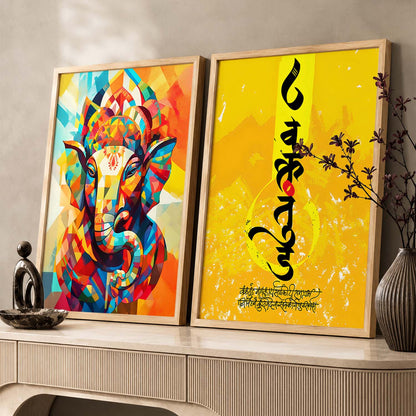 Vibrant Lord Ganesha & Om Mantra Art : Spiritual Hindu Artwork for Home Decor and Meditation Spaces