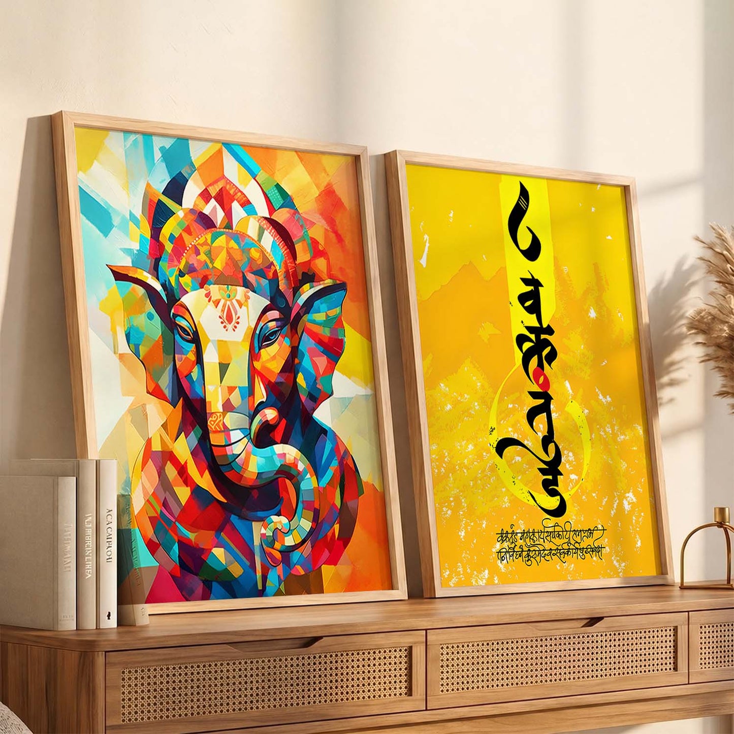 Vibrant Lord Ganesha & Om Mantra Art : Spiritual Hindu Artwork for Home Decor and Meditation Spaces