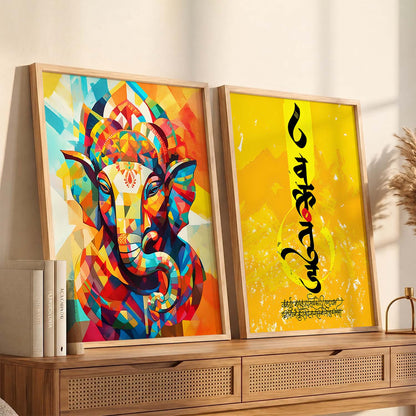 Vibrant Lord Ganesha & Om Mantra Art : Spiritual Hindu Artwork for Home Decor and Meditation Spaces
